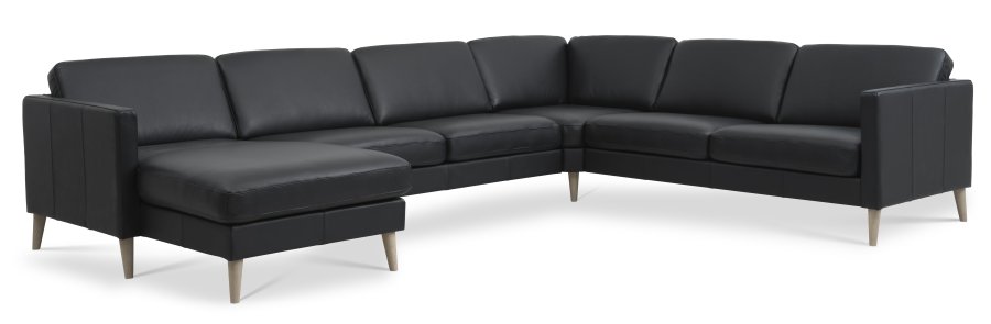Ash Set 56 U 2C3D Sofa - schwarzes Semianilinleder und Naturholz