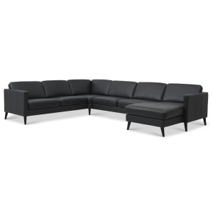 Asksett 56 U 2C3D sofa - svart semianilinskinn og sort tre