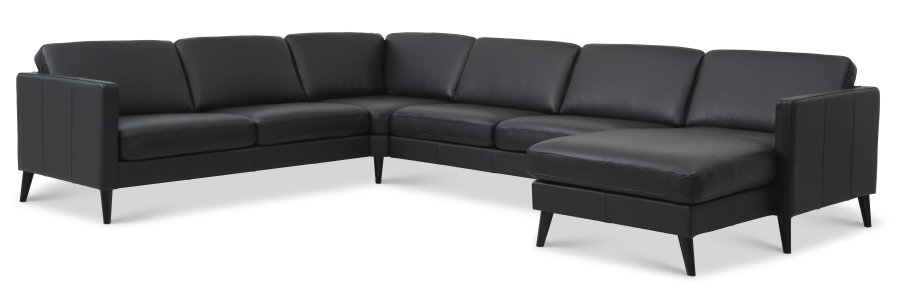 Ash Set 56 U 2C3D Sofa - schwarzes Semianilinleder und schwarzes Holz