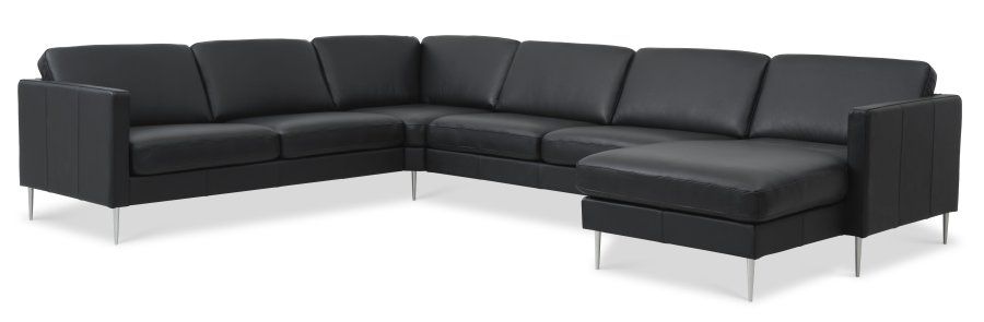 Ash Set 56 U 2C3D Sofa - schwarzes Semianilinleder und gebürstetes Aluminium