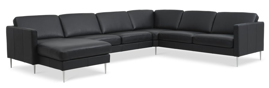 Ash Set 56 U 2C3D Sofa - schwarzes Semianilinleder und gebürstetes Aluminium
