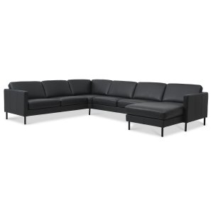 Asksett 56 U 2C3D sofa - svart semianilinskinn og svart metall
