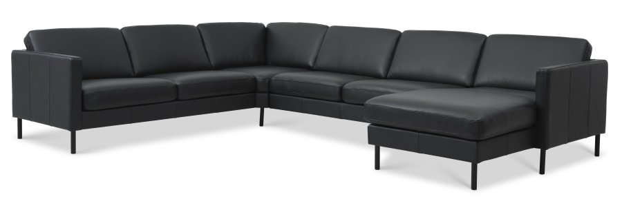 Ash Set 56 U 2C3D Sofa - schwarzes Semianilinleder und schwarzes Metall