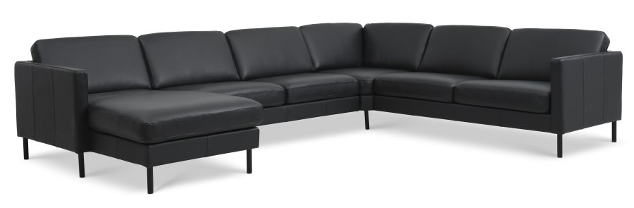 Ash Set 56 U 2C3D Sofa - schwarzes Semianilinleder und schwarzes Metall