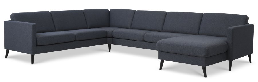 Ash Set 56 U 2C3D Sofa - marineblauer Polyesterstoff und schwarzes Holz
