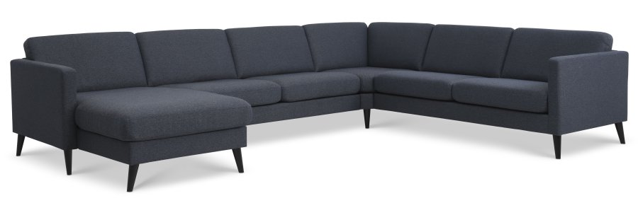 Ash Set 56 U 2C3D Sofa - marineblauer Polyesterstoff und schwarzes Holz