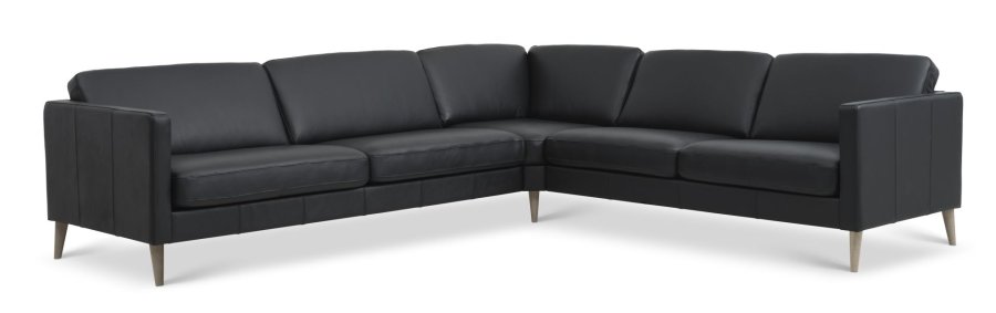 Ecksofa Ash Set 57 - schwarzes Semianilinleder und Naturholz