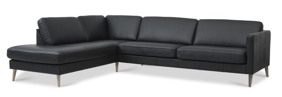 Esche Set 60 großes OE-Sofa, mit Chaiselongue links – schwarzes Semianilinleder und Naturholz