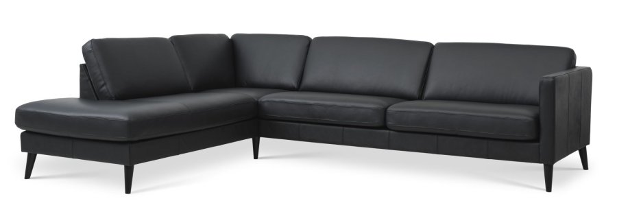Esche Set 60 großes OE-Sofa, mit Chaiselongue links – schwarzes Semianilinleder und schwarzes Holz