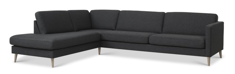 Großes OE-Sofaset aus Esche, 60, mit Chaiselongue links – anthrazitgrauer Polyesterstoff und Naturholz