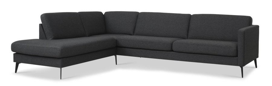 Großes OE-Sofaset 60 aus Esche mit Chaiselongue links – anthrazitgrauer Polyesterstoff und Eiffel-Beine
