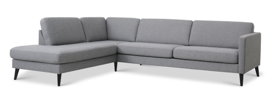 Großes OE-Sofaset 60 aus Esche mit Chaiselongue links – heller granitgrauer Polyesterstoff und schwarzes Holz