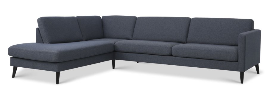 Großes OE-Sofaset aus Esche, 60, mit Chaiselongue links – marineblauer Polyesterstoff und schwarzes Holz