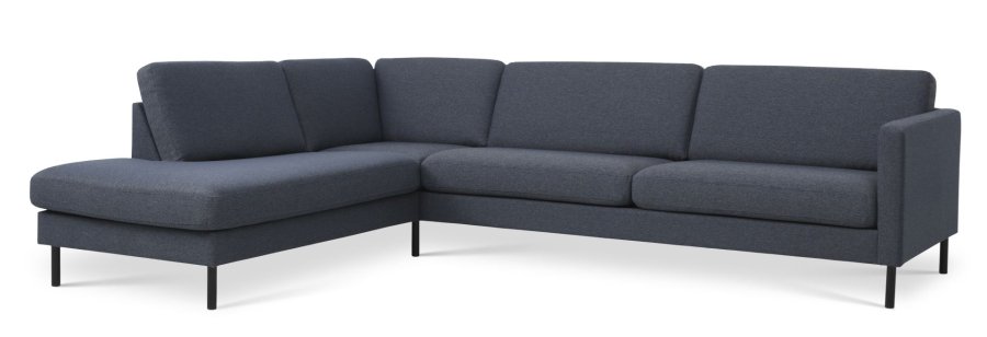 Ash Set 60 großes OE-Sofa mit Chaiselongue links – marineblauer Polyesterstoff und schwarzes Metall