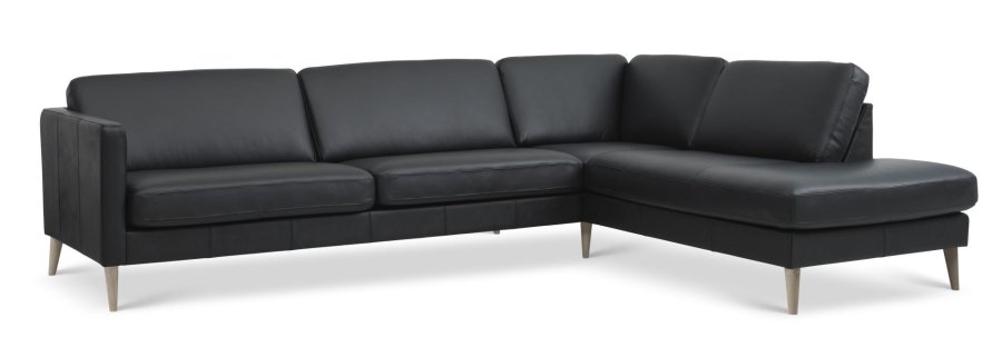 Großes OE-Sofaset Ash 61 mit Chaiselongue rechts – schwarzes Semianilinleder und Naturholz