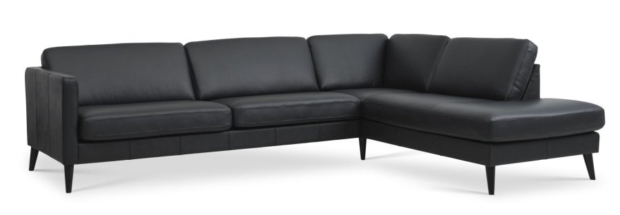 Esche Set 61 großes OE-Sofa, mit rechter Chaiselongue – schwarzes Semianilinleder und schwarzes Holz