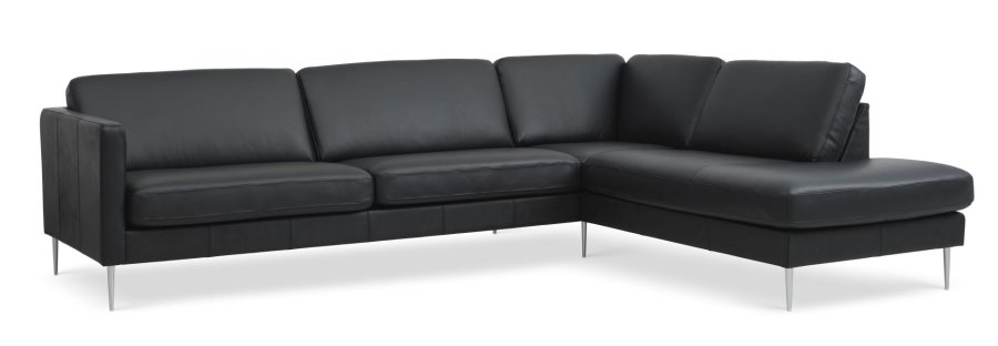 Ash Set 61 großes OE-Sofa, mit rechter Chaiselongue – schwarzes Semianilinleder und gebürstetes Aluminium