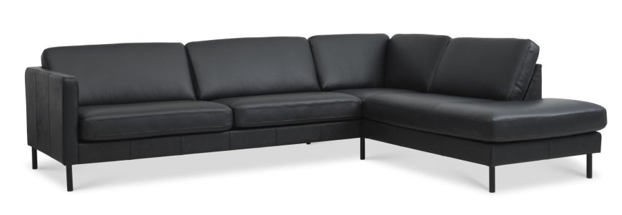 Ash Set 61 großes OE-Sofa, mit rechter Chaiselongue – schwarzes Semianilinleder und schwarzes Metall