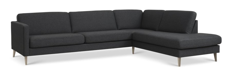 Großes OE-Sofaset Ash 61 mit Chaiselongue rechts – anthrazitgrauer Polyesterstoff und Naturholz