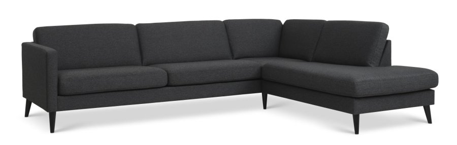 Esche Set 61 großes OE-Sofa, mit rechter Chaiselongue – anthrazitgrauer Polyesterstoff und schwarzes Holz