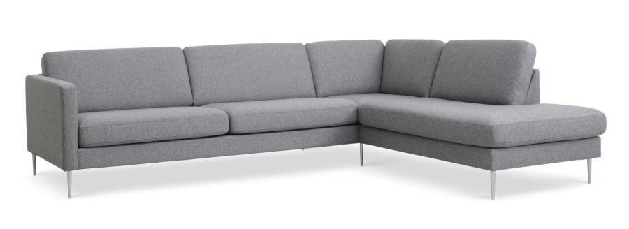 Großes OE-Sofa, Set 61 aus Esche, mit Chaiselongue rechts – hellgranitgrauer Polyesterstoff und gebürstetes Aluminium