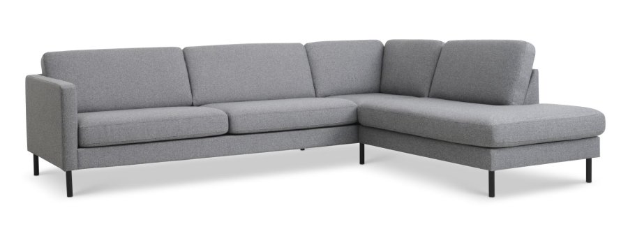 Großes OE-Sofa, Set 61 aus Esche, mit Chaiselongue rechts – heller granitgrauer Polyesterstoff und schwarzes Metall