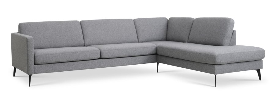 Großes OE-Sofa, Set 61 aus Esche, mit Chaiselongue rechts – heller granitgrauer Polyesterstoff und Eiffel-Beine