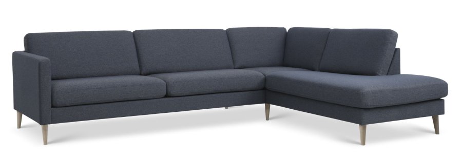 Großes OE-Sofaset 61 aus Esche, mit Chaiselongue rechts – marineblauer Polyesterstoff und Naturholz