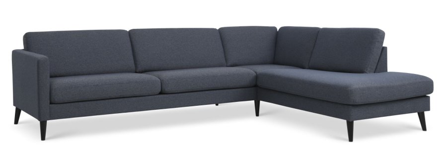 Großes OE-Sofa, Set 61 aus Esche, mit Chaiselongue rechts – marineblauer Polyesterstoff und schwarzes Holz