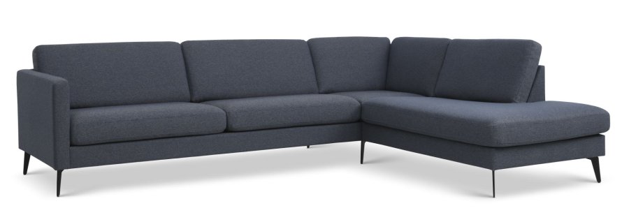 Großes OE-Sofa, Set 61 aus Esche, mit Chaiselongue rechts – marineblauer Polyesterstoff und Eiffel-Beine