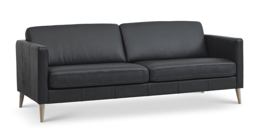 Ask 3 pers. sofa - sort semianilin lder og natur tr