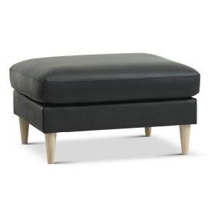 Ask puf, rektangulr - sort semianilin lder og natur tr (85x70)