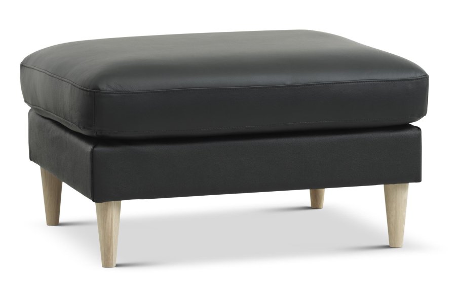 Askpuff, rektangulr - svart semianilinskinn og naturlig tre (85x70)