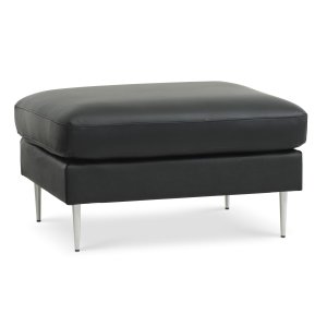 Ask puf, rektangulr - sort semianilin lder og brstet aluminium (85x70)