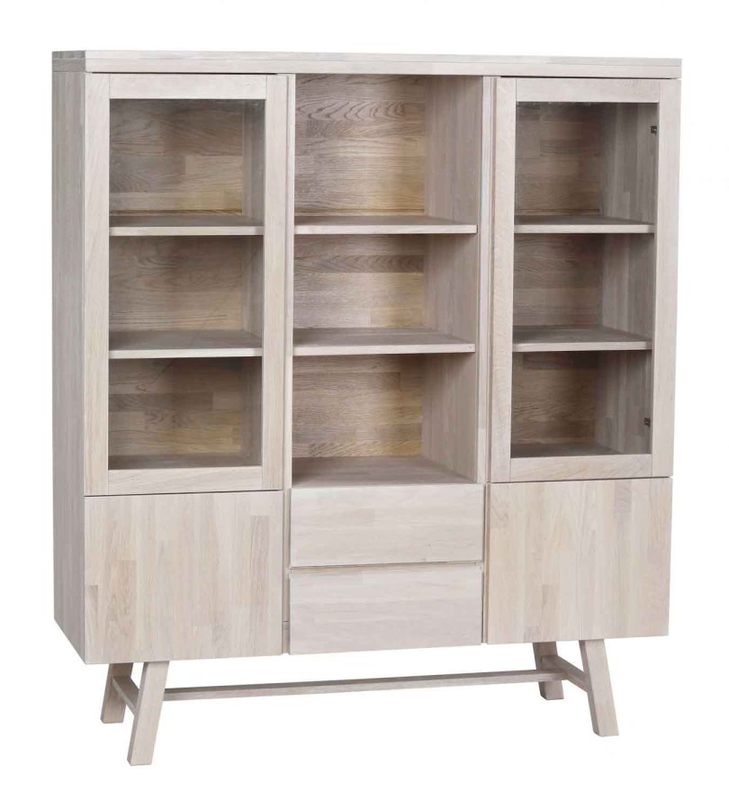 ROWICO Brooklyn vitrineskab - hvidpigmenteret eg, m. 4 lger og 2 skuffer 