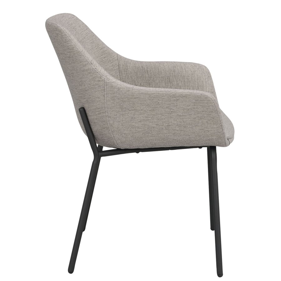 ROWICO Haley Esszimmerstuhl, mit Armlehnen – hellgrauer Stoff und schwarze Metallbeine