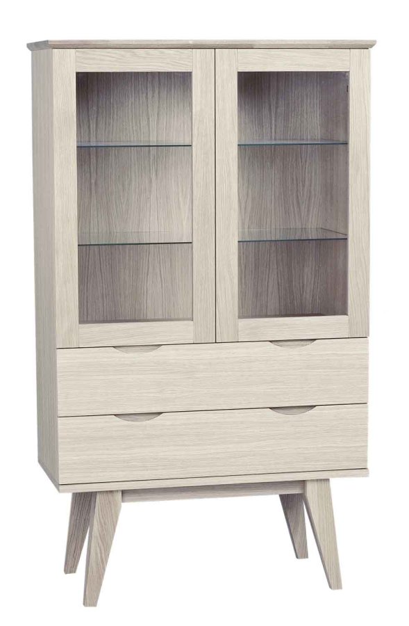 ROWICO Filippa vitrineskab - hvidolieret eg, m. 2 glaslger og 2 skuffer 