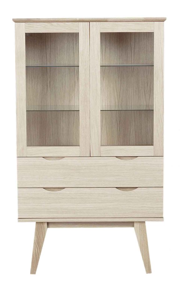 ROWICO Filippa vitrineskab - hvidolieret eg, m. 2 glaslger og 2 skuffer 