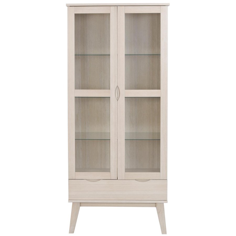 ROWICO Filippa vitrineskab, m. 2 lger og 1 skuffe - glas og hvidpigmenteret egetr