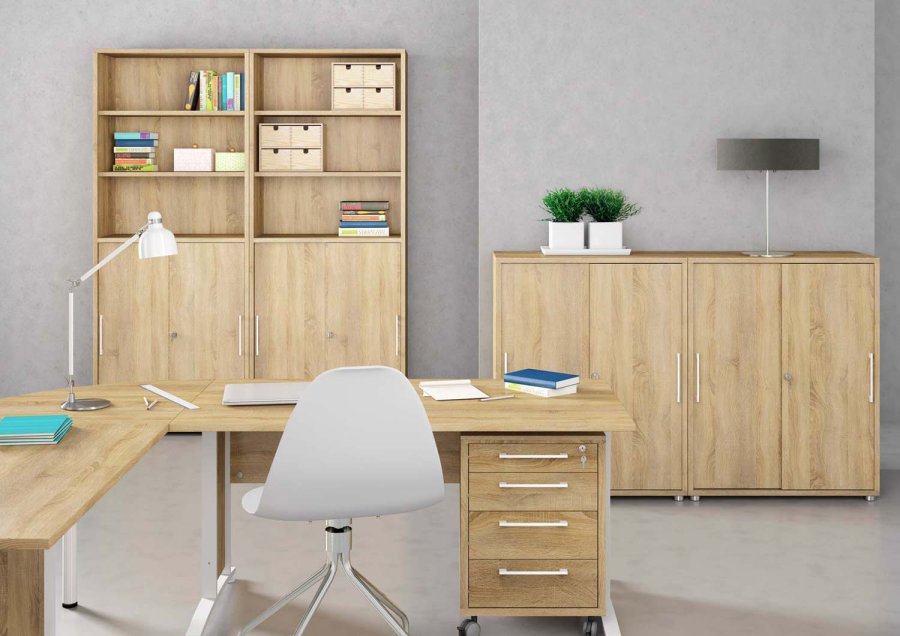 
TVILUM Prima hjørneskrivebord - natur melaminbelagt træ, stålstel, 4 skuffer
