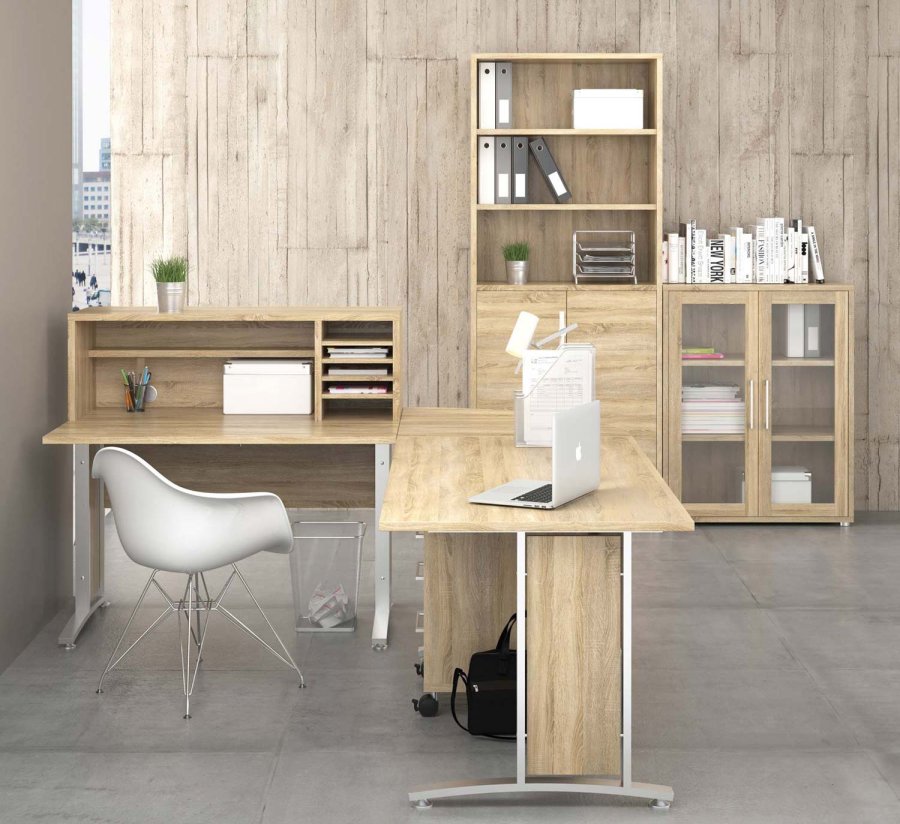 
TVILUM Prima hjørneskrivebord - natur melaminbelagt træ, stålstel, 4 skuffer
