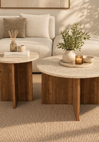 NORDV�RK Private sofabord, rund - sand travertin og brun valn�d melamin (s�t af 2)