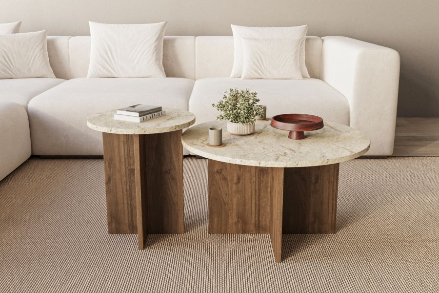 NORDV�RK Privat - Travertin, soffbordsset i valn�t