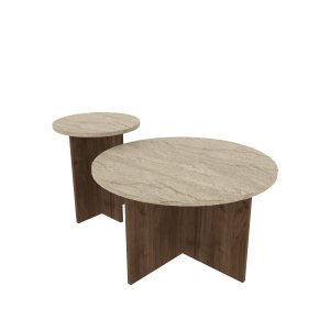NORDV�RK Private sofabord, rund - sand travertin og brun valn�d melamin (s�t af 2)
