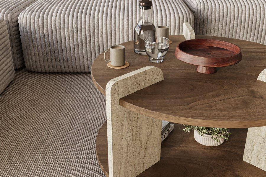 NORDV�RK Oalla - Valn�tt, Travertin salongbord