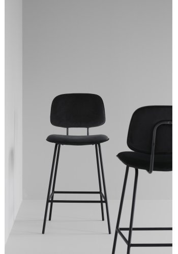 ROWICO Bryan barstol, med ryggsttte og fotsttte - svart flyel og svart metall