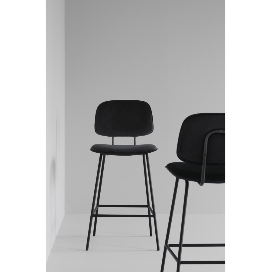 ROWICO Bryan barstol, med ryggsttte og fotsttte - svart flyel og svart metall