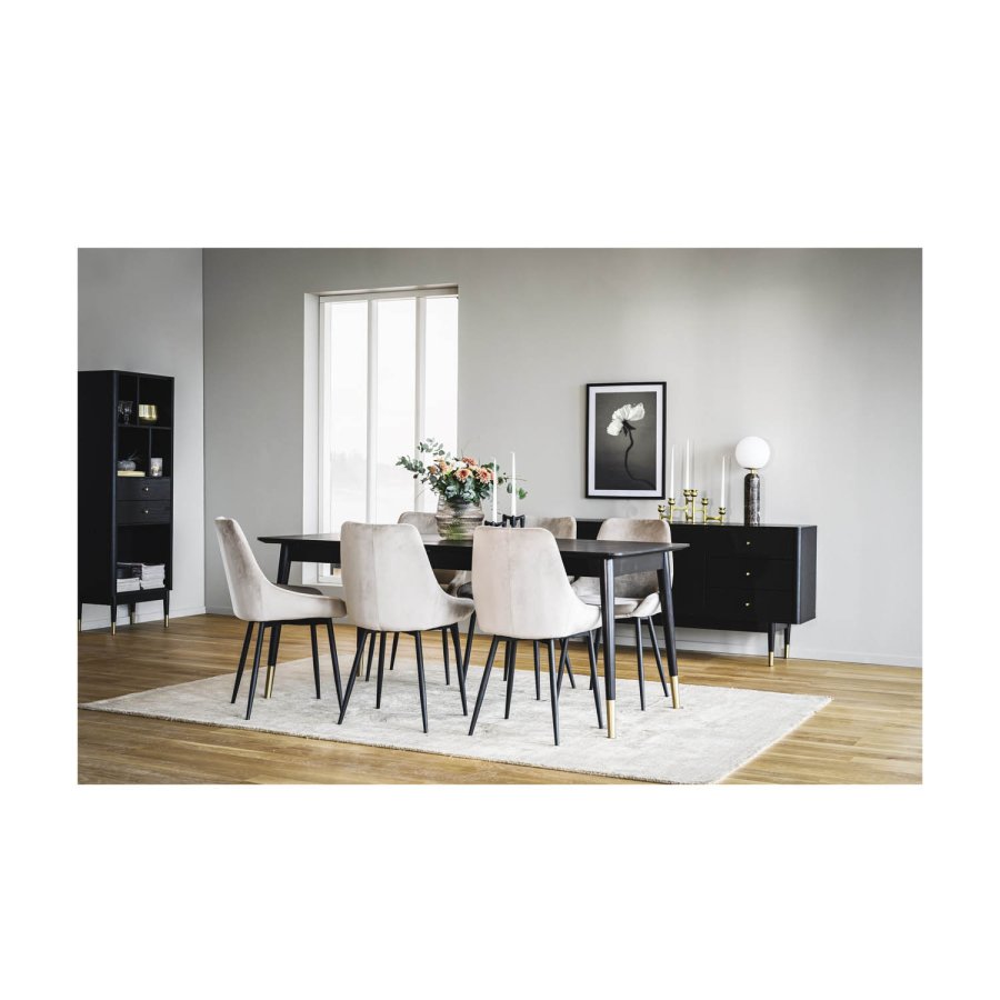 ROWICO Fenwood Esstisch mit 2 Einlegeplatten – schwarzes Eschenfurnier und Eiche, goldenes Metall (180(260)x90)