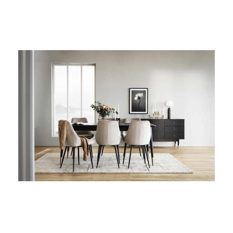 ROWICO Fenwood Esstisch mit 2 Einlegeplatten – schwarzes Eschenfurnier und Eiche, goldenes Metall (180(260)x90)