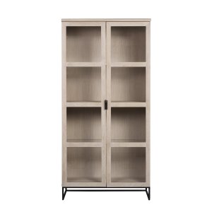 ROWICO rektangulr Everett vitrineskab m. 2 glaslger og 3 hylder - hvidvasket vildeg og sort metal